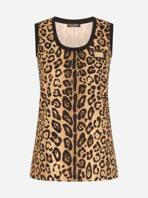 Leopard-print jersey tank top