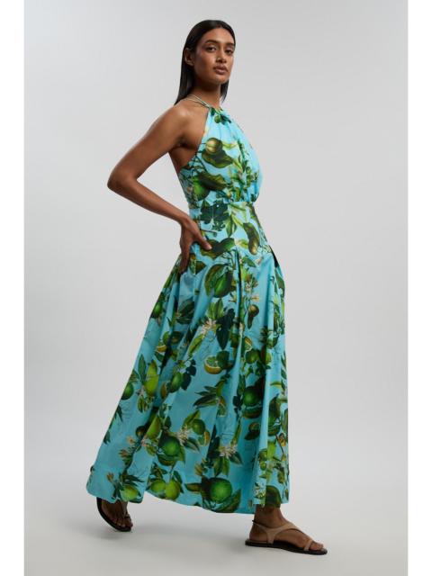 KAREN MILLEN Lime Print Cotton Halter Neck Woven Midi Dress With Dropped Waist Detail