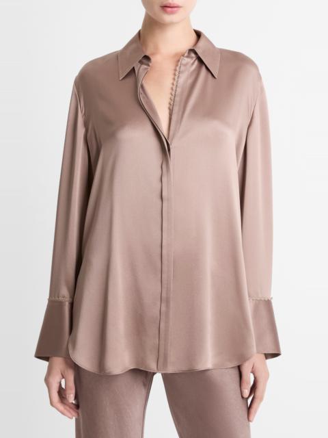 Vince Vince Relaxed Lace Trim Placket Silk Satin Button-Up Shirt in Mauve Lilac at Nordstrom