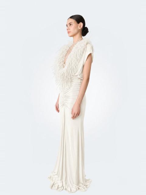 LAPOINTE Jersey V Neck Shirred Gown With Feathers