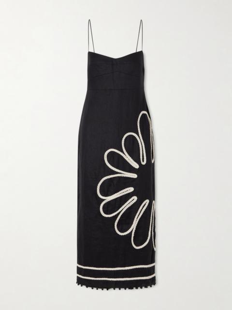 CALA de la CRUZ Paloma Bead-embellsihed Embroidered Linen Midi Dress