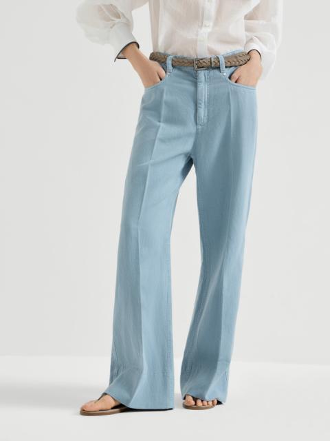 Brunello Cucinelli Garment-dyed cotton and linen cover loose trousers with monili