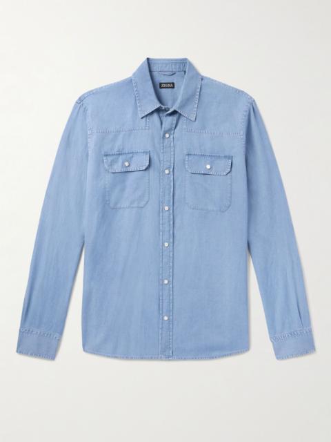 ZEGNA Cotton and Linen-Blend Chambray Shirt Blue