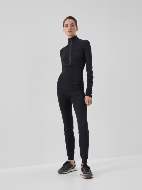 Brunello Cucinelli Virgin wool and cashmere lightweight rib knit jumpsuit with precious half zip