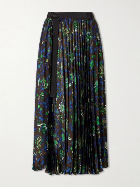 sacai Belted grosgrain-trimmed pleated floral-print georgette midi skirt Black