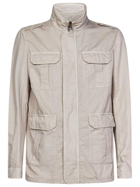 Herno Beige Field jacket in garment-dyed linen and cotton with high collar and front pockets.