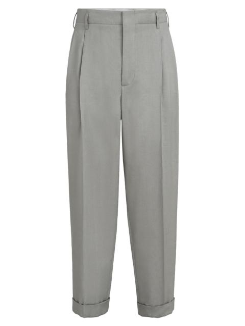 Brunello Cucinelli Men's Linen, Virgin Wool and Mohair Gabardine Trousers with Double Pleats - Khaki