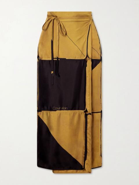 Calvin Klein Collection Hallie patchwork silk-twill wrap midi skirt Brown