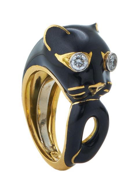 DAVID WEBB Diamond Black Cat Enamel Ring