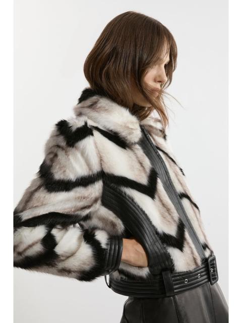 KAREN MILLEN Faux Fur Pu Panelled Stripe Belted Cropped Jacket