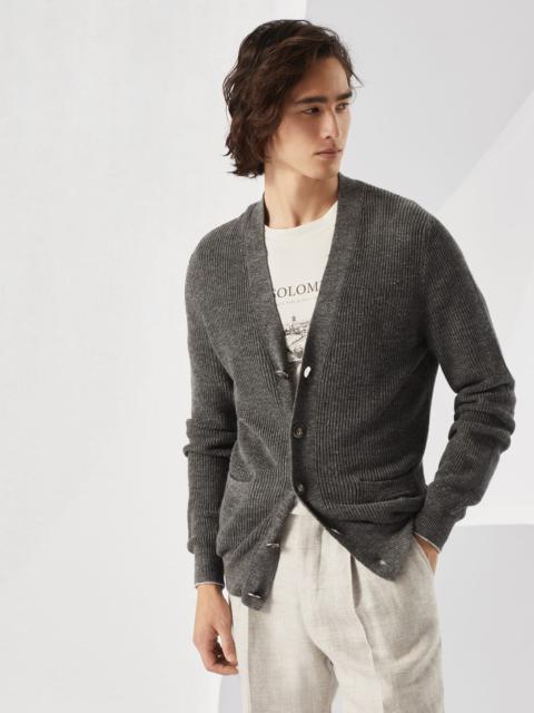 Brunello Cucinelli Linen and cotton half English rib cardigan with metal buttons