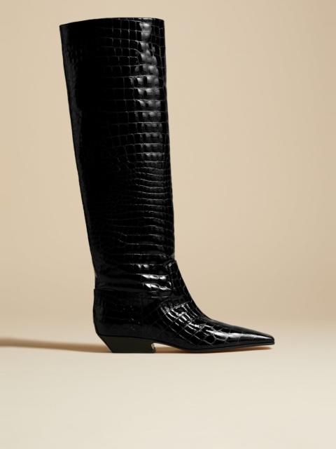 KHAITE The Marfa Knee-High Boot in Black Croc-Embossed Leather