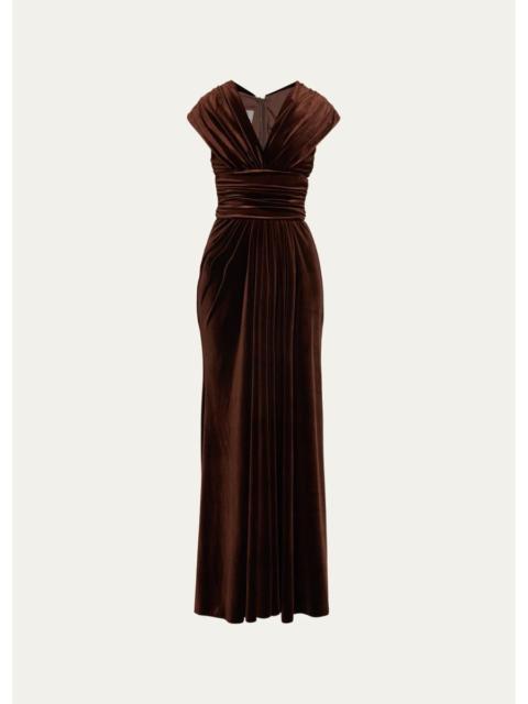 Monique Lhuillier V-Neck Gathered Stretch Velour Column Gown