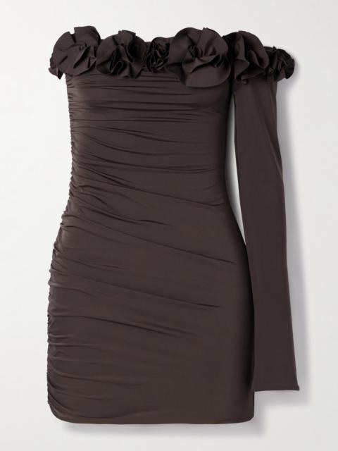 MAYGEL CORONEL Selvaggio One-sleeve Appliquéd Ruched Stretch-jersey Mini Dress