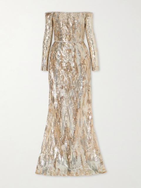 ELIE SAAB Off-the-shoulder Sequined Silk-blend Gown