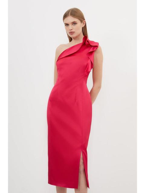 KAREN MILLEN Italian Structured Satin Ruffle Midi Dress