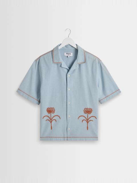 Wax London Keats - Light Blue And Rust Embroidered Short-Sleeve Shirt