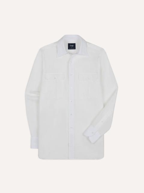 Drake's White Linen Two-Pocket Long Point Collar Work Shirt
