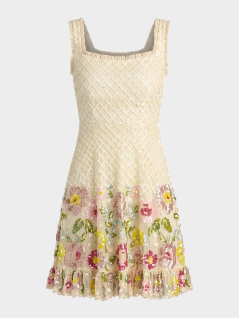 MAC DUGGAL Ruffle-Trim Floral Sequin Mesh Mini Dress