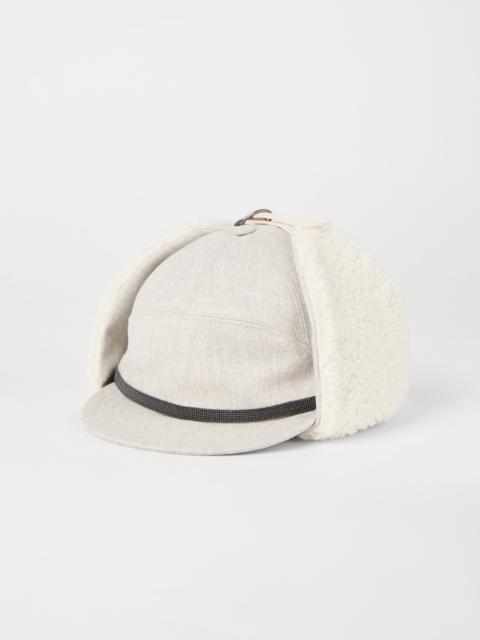 Brunello Cucinelli Virgin wool flannel baseball cap with shearling-lined ear flaps and shiny band