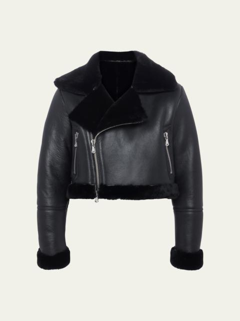 Pike Cropped Lambskin Leather Jacket with Shearling Trim