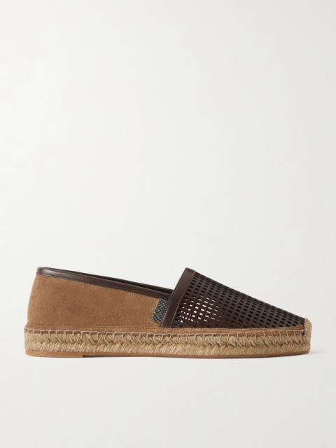 Brunello Cucinelli Bead-embellished Suede And Laser-cut Leather Espadrilles