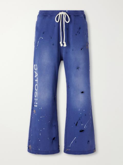 SATOSHI NAKAMOTO Luke Logo-Printed Paint-Splattered Distressed Cotton-Jersey Drawstring Sweatpants