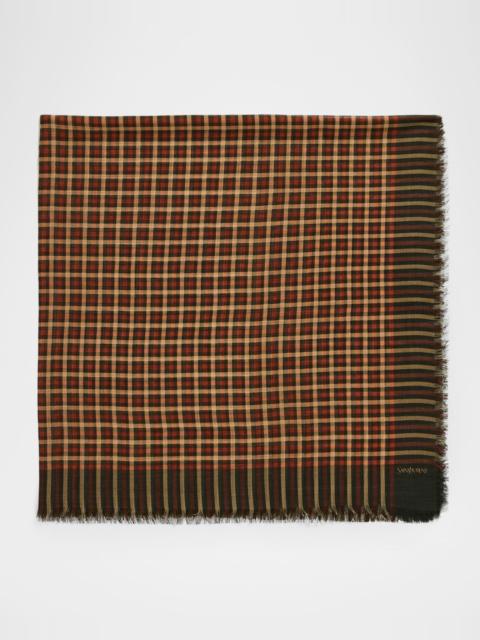 SAINT LAURENT Men's Wool Madras Check Square Scarf
