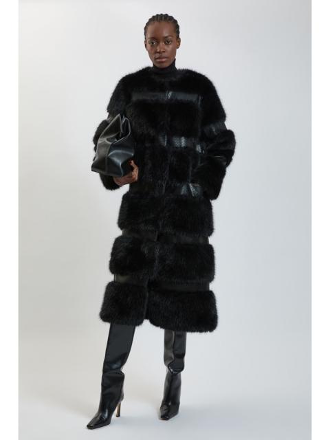 KAREN MILLEN Faux Fur & Faux Leather Multi Texture Midi Coat