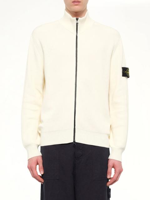 Stone Island 5100126 Ribbed Cotton Zip-Up Cardigan in Ivory