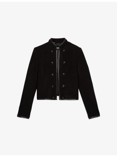 The Kooples Stand-Collar Leather-Trim Wool Jacket