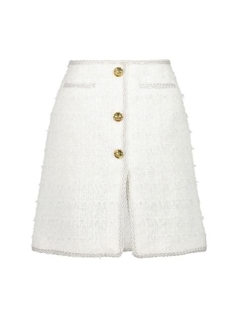 high-waisted tweed mini skirt