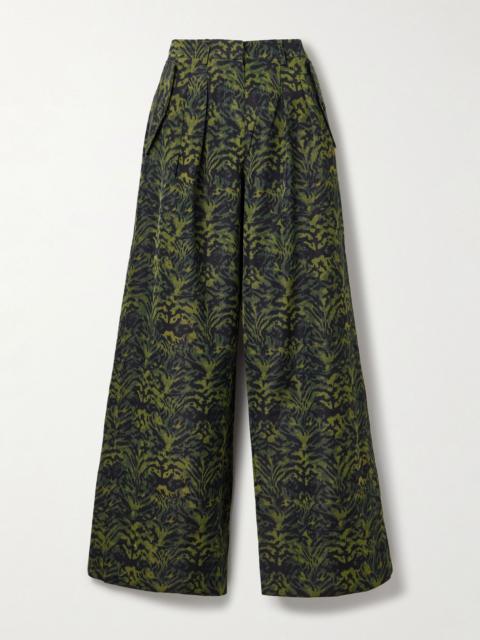 ULLA JOHNSON Charlie pleated printed poplin wide-leg pants Dark green