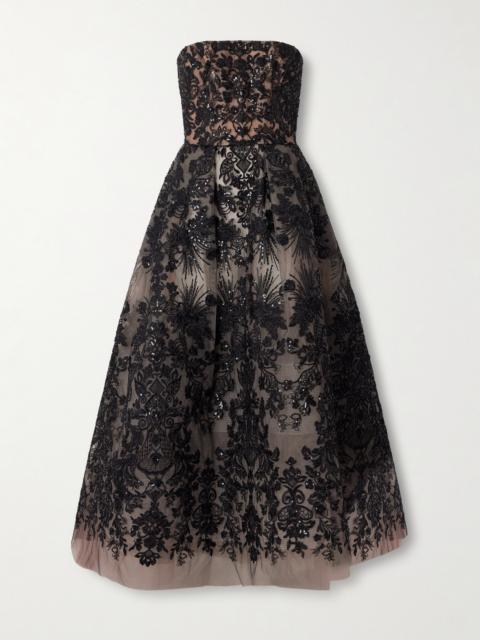 ELIE SAAB Strapless Sequin-embellished Embroidered Tulle Midi Dress