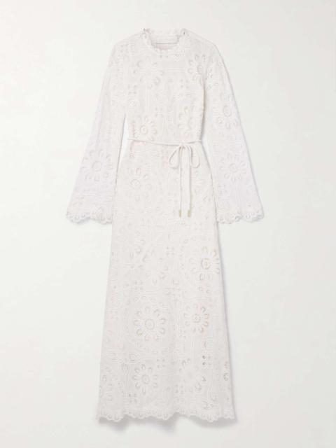 Zimmermann Ottie belted guipure lace and cotton-voile maxi dress