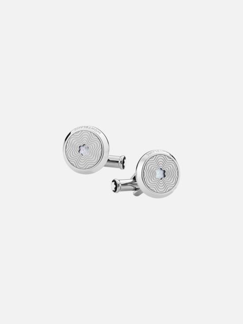 Montblanc Cufflinks, round in stainless steel with exploding star pattern and mother-of-pearl snowcap emblem