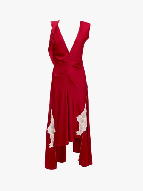 Victoria Beckham Draped Lace Midi Dress In Poppy Red