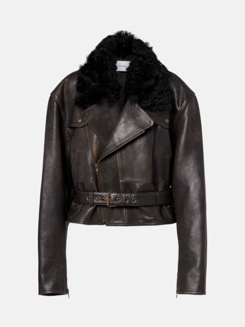 ALEX PERRY Shearling-trimmed cropped leather biker jacket