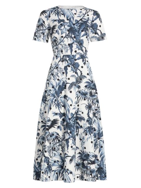 Oscar de la Renta Women's Dotted Palm Tree Cotton Poplin Midi-Dress - Navy White
