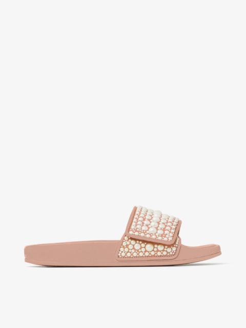 JIMMY CHOO Fitz/F
Ballet Pink Canvas and Leather Slides with Pearl Embellishment
