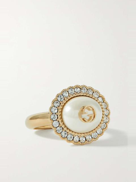 Gold-tone, faux pearl and crystal ring
