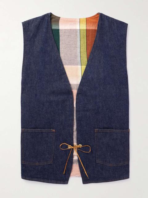 orSlow Hippie's Reversible Denim and Checked Cotton and Linen-Blend Gilet