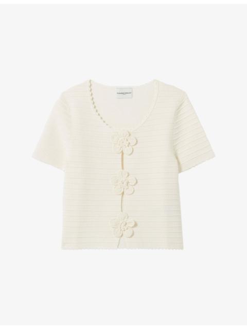 Claudie Pierlot Striped Flower-Embroidered Stretch-Knit Jumper
