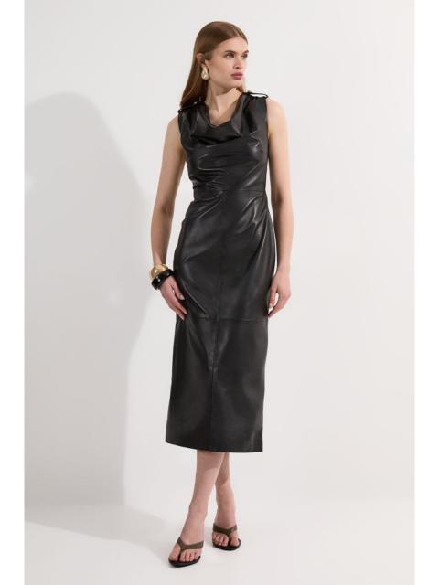 KAREN MILLEN Leather Cowl Neck Drape Pencil Midi Dress