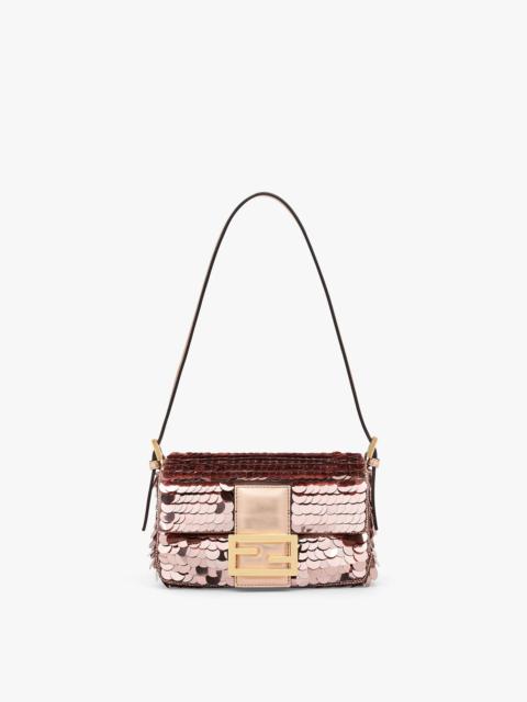 FENDI Small 1997 Baguette bag with all-over pink metallic sequin embroidery, embellished with an FF clasp.