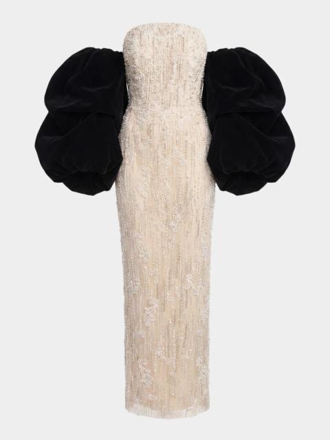 MAC DUGGAL Beaded Draped Column Gown
