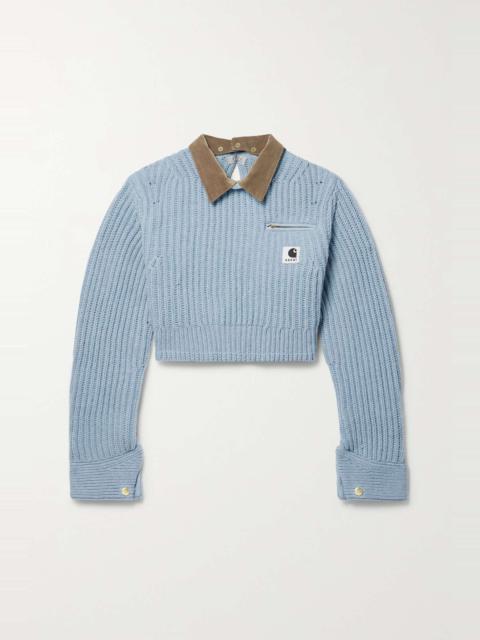 sacai + Carhartt WIP Detroit cropped velvet-trimmed ribbed wool-blend sweater