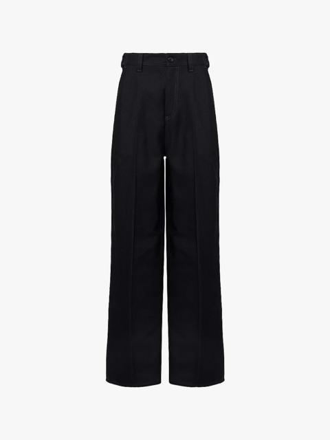 Twill-texture elasticated waistband wide-leg high-rise cotton and wool trousers