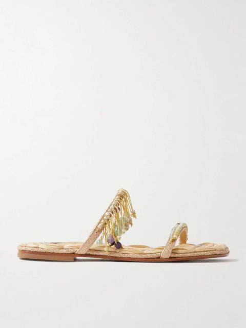 Fringed bead-embellished raffia sandals