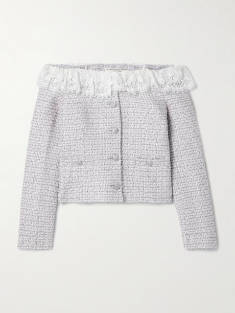 Alessandra Rich Off-the-shoulder Lace-trimmed Sequin-embellished Metallic Tweed Jacket
